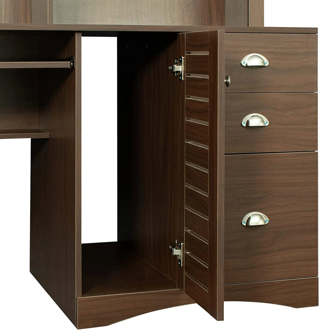 Walnut Computer Desk with Cabinet and Keyboard Tray Y273