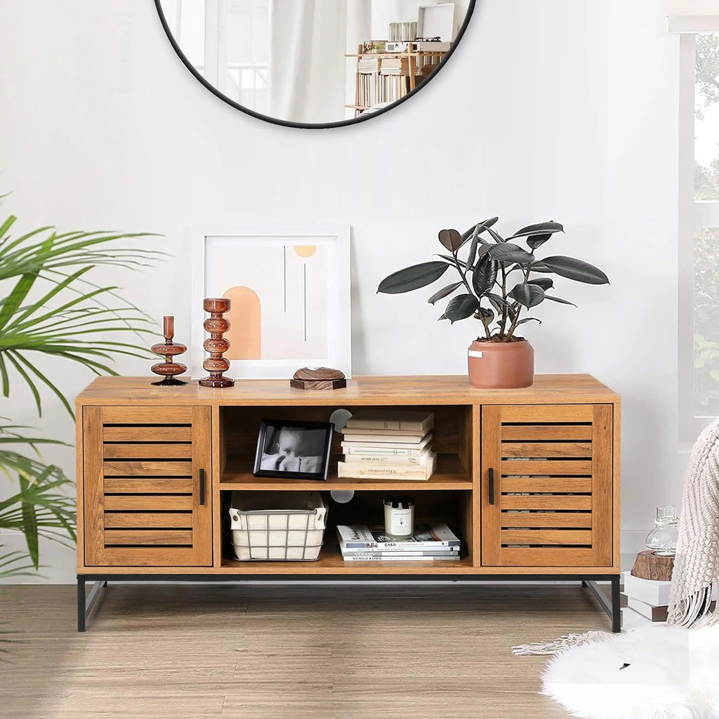 Mid-Century TV Console up to 55 Inch with Slatted Wood Doors B948