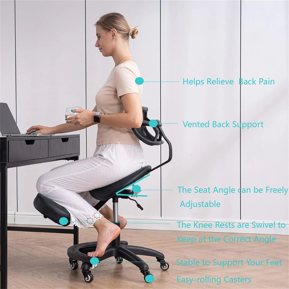 Black Adjustable Ergonomic Kneeling Chair with Wheels X12021