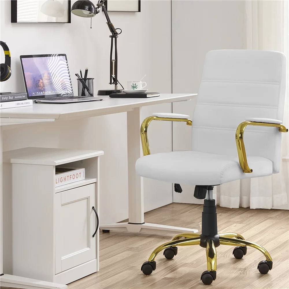 White Mid-Back Swivel PU Leather Office Chair with Gold Frame X20811