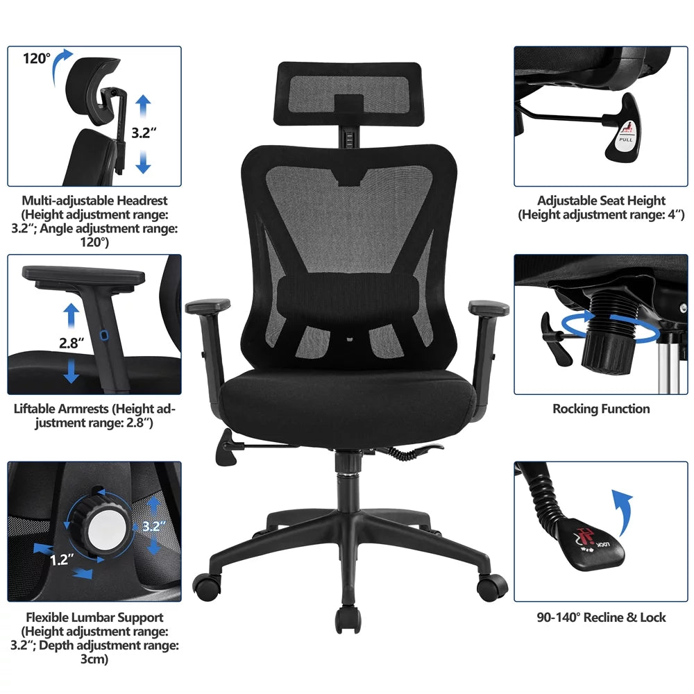 Black Ergonomic Mesh Office Chair with Headrest P2080