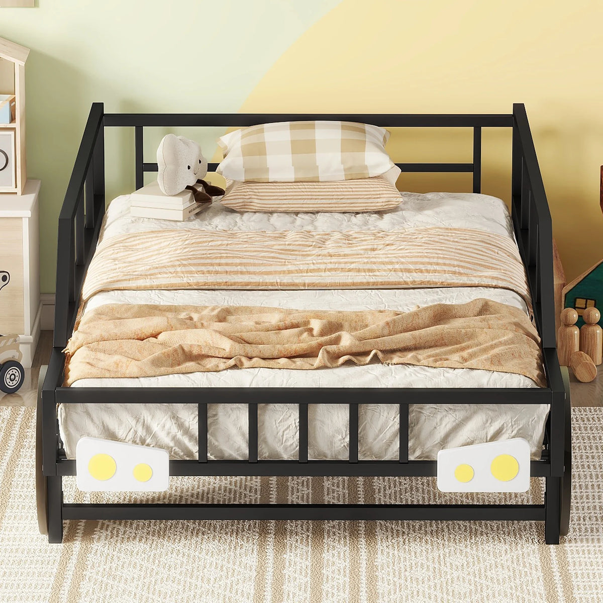 Twin Size Metal Bed Frame with Headboard and Guardrail B34078