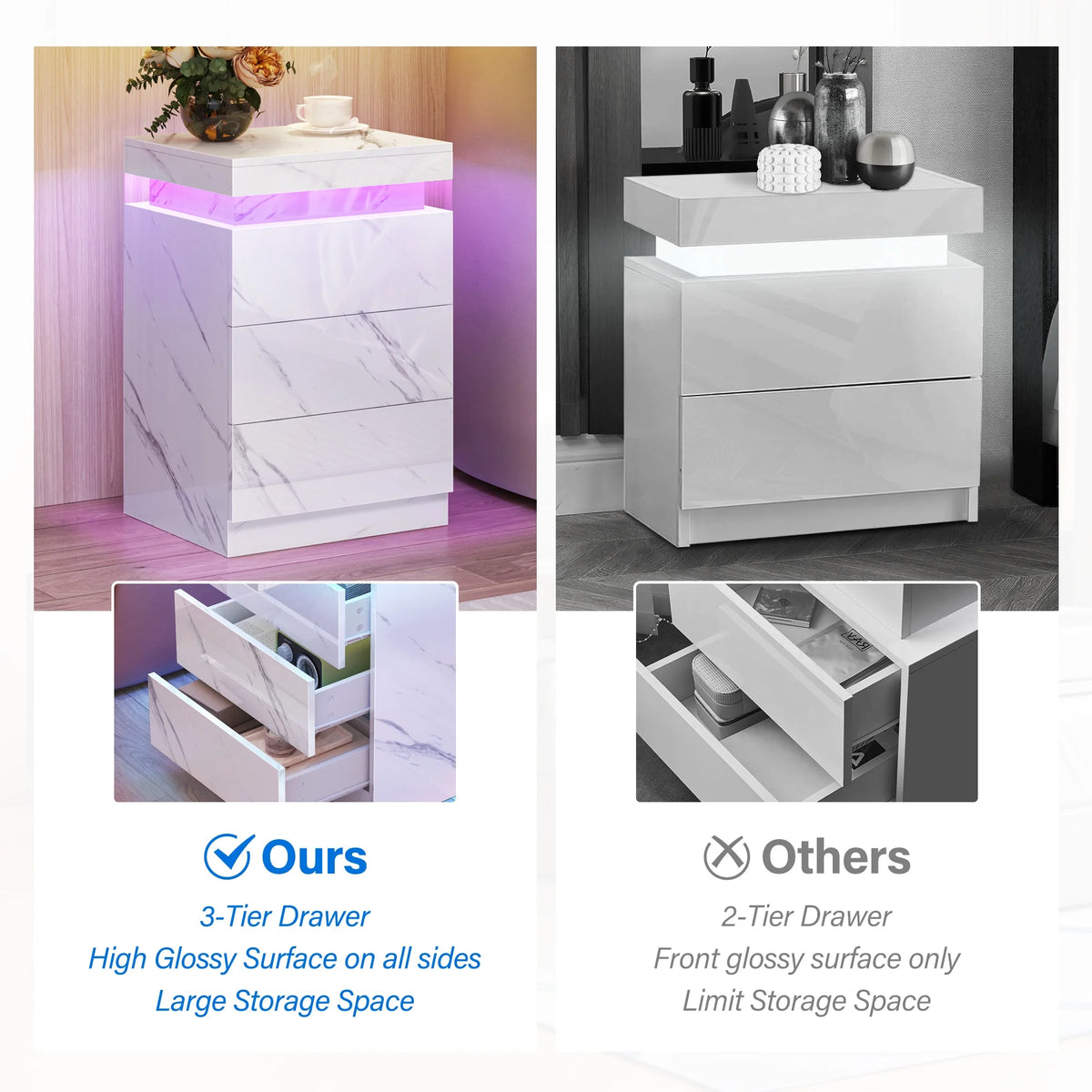 Set of 2 3 Drawer LED Nightstand D334357