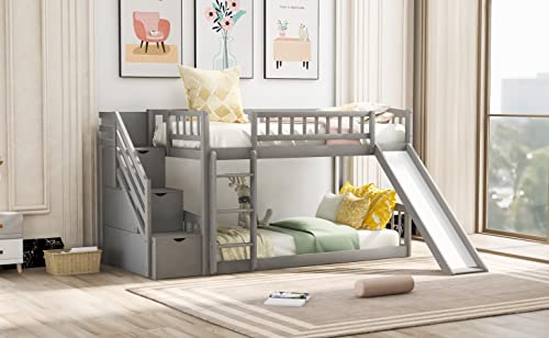 Twin Size Wood Loft Bed with Slide and Storage Shelves C6336