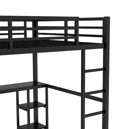 Queen Size Metal Loft Bed with Wardrobe and L-Shaped Desk H5173