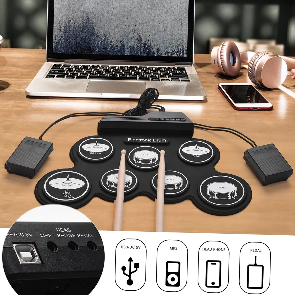 Portable Silicon Drum Set with Drumsticks and Foot Pedals M28745