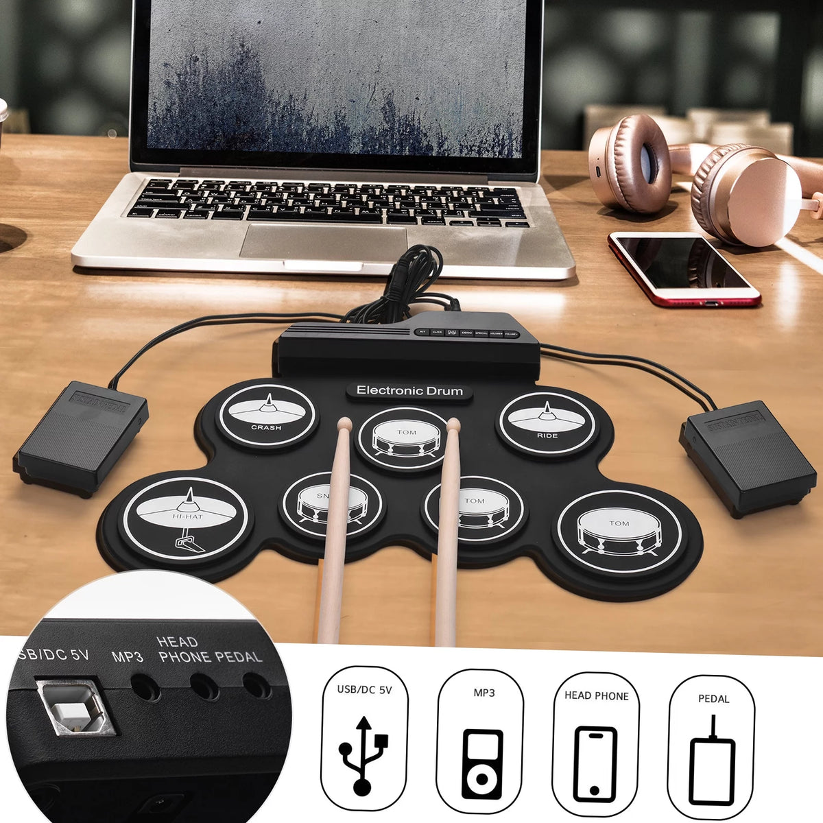 Portable Silicon Drum Set with Drumsticks and Foot Pedals M28745