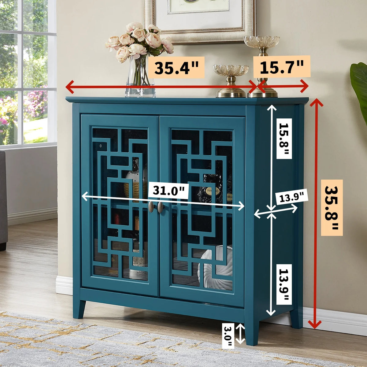 Teal Blue Wooden Buffet Cabinet with Adjustable Shelves D381