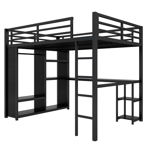Queen Size Metal Loft Bed with Wardrobe and L-Shaped Desk H5173