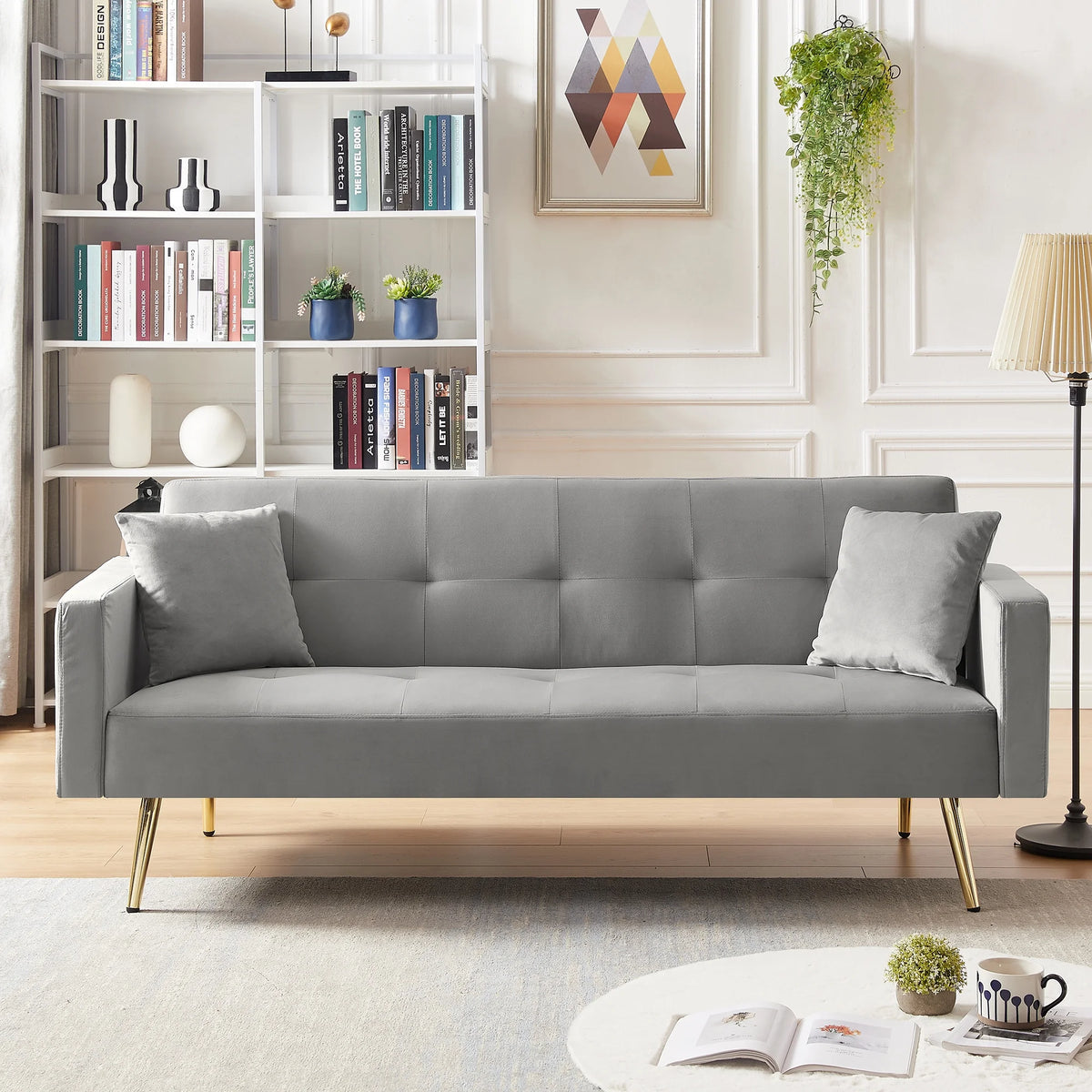 Grey Velvet Convertible Futon Sofa Bed T687770
