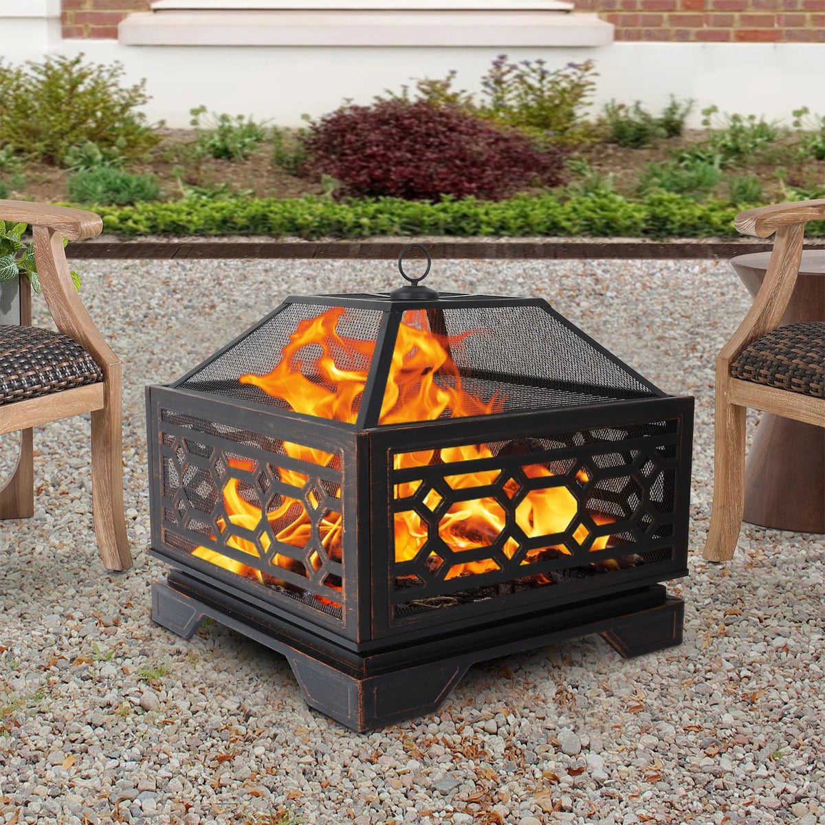 26 Inch Square Wood Burning Fire Pit with Cooking Grate V81473