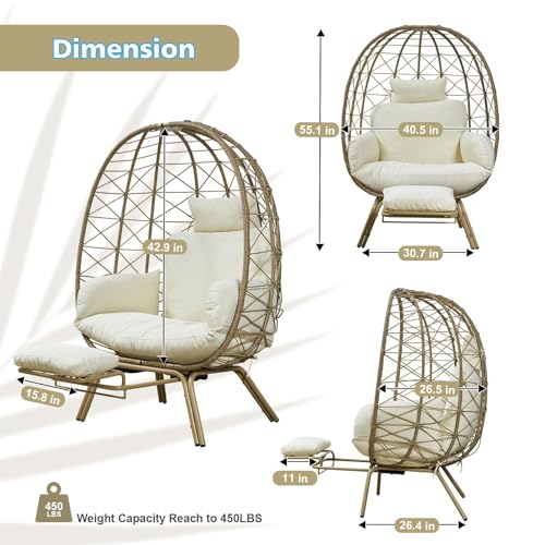 Oversized Beige Wicker Egg Chair with Cushion & Footrest N8200