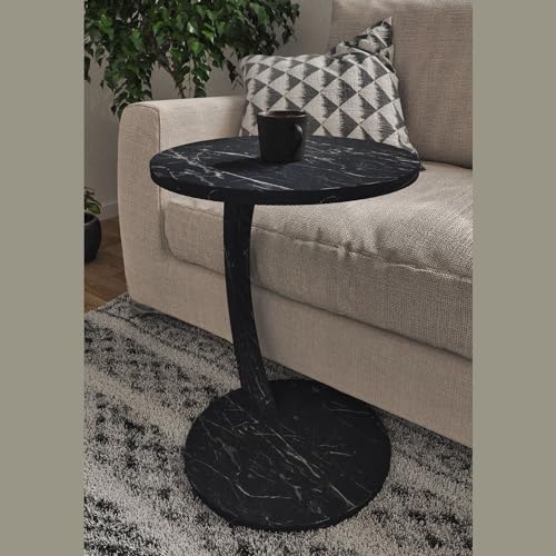 White Faux Marble Round C Shaped End Table with Wheels S503