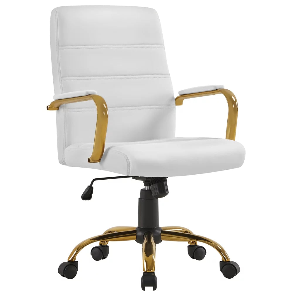 White Mid-Back Swivel PU Leather Office Chair with Gold Frame X20811