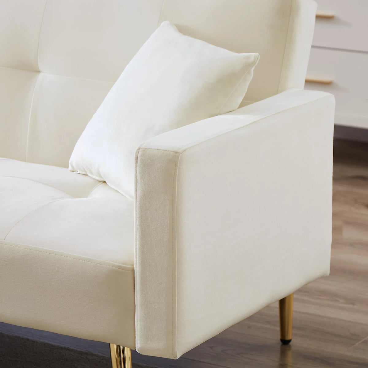 Cream White Velvet Convertible Futon Sofa Bed I3642