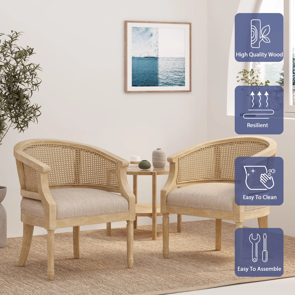 Fabric Upholstered Wood and Cane Accent Chairs, Set of 2 W444282