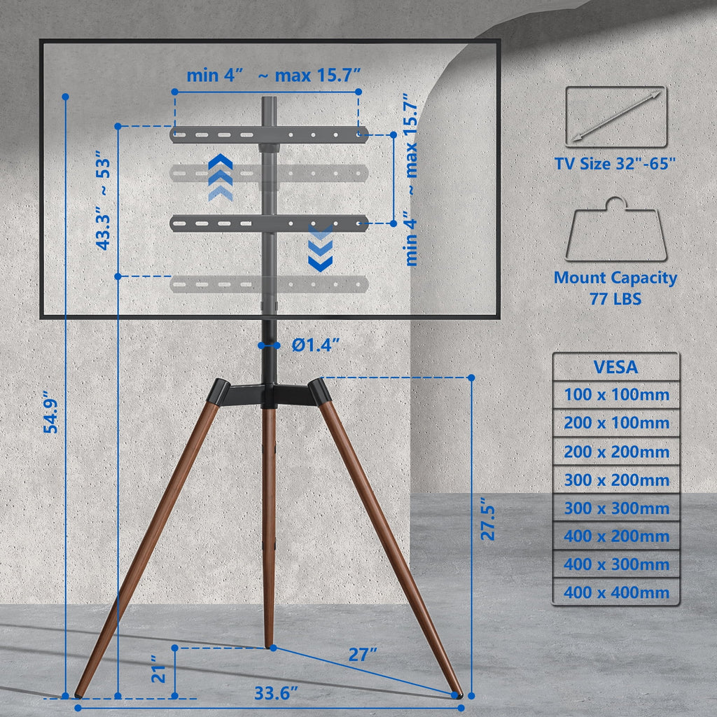 Adjustable Tripod Floor TV Stand with Mount for 32" to 65" Flat Screen TVs, Brown W451978