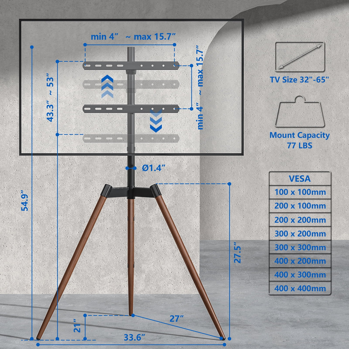 Adjustable Tripod Floor TV Stand with Mount for 32" to 65" Flat Screen TVs, Brown W451978