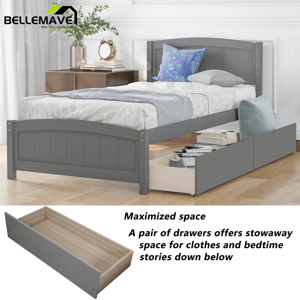 Twin Size Platform Bed Frame with Storage Drawer and Headboard G399