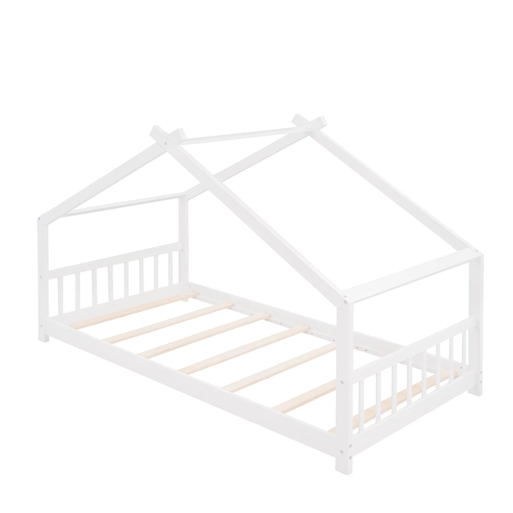 White Twin Size Wood House Bed with Headboard and Footboard Y649351