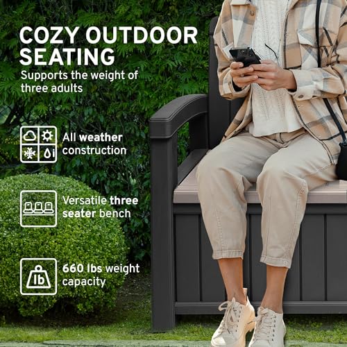 3 Seat 90 Gallon Weatherproof Resin Storage Bench U25493