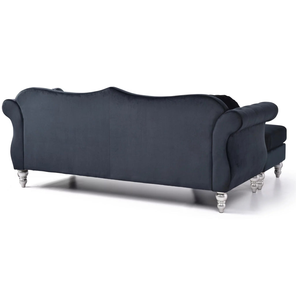 Black Velvet Chesterfield Sectional Sofa with 2-Throw Pillow P22634