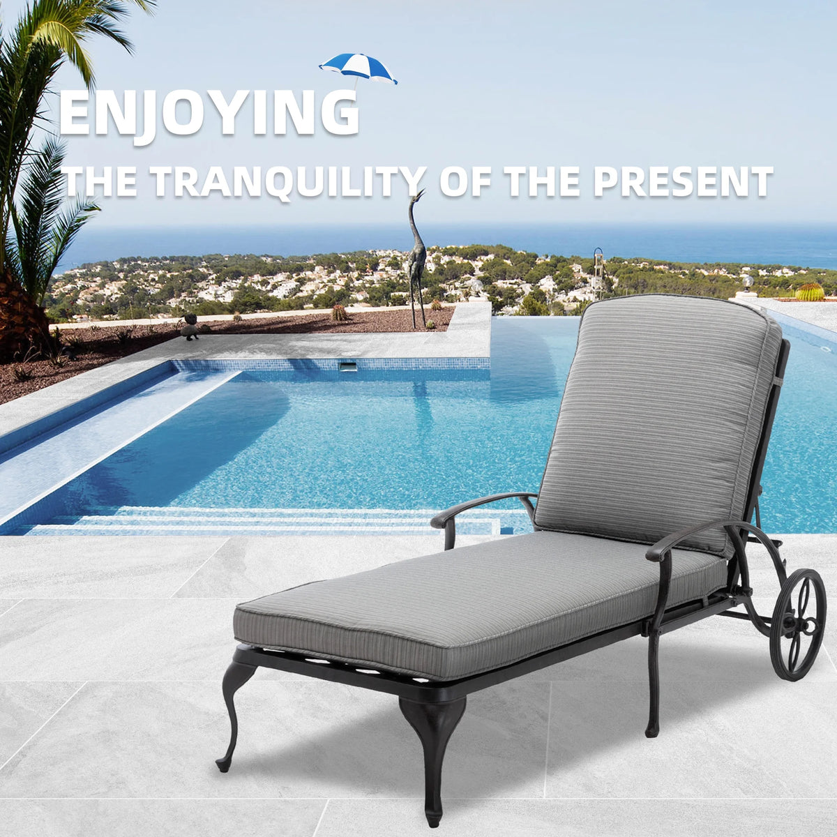 Outdoor Chaise Lounge Chair Cast Aluminum with Wheels and Adjustable Reclining R763472