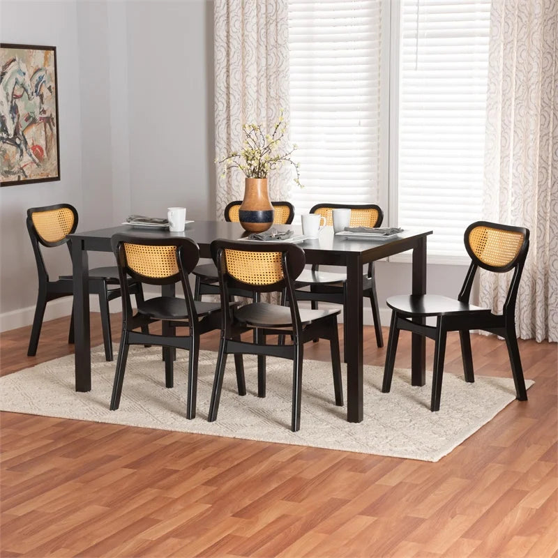 Dark Brown Wood and Woven Rattan 7-Piece Dining Set N415790