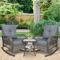 3 Pieces Rattan Patio Rocking Chair Set with Cushions and Glass-Top Coffee Table T14374