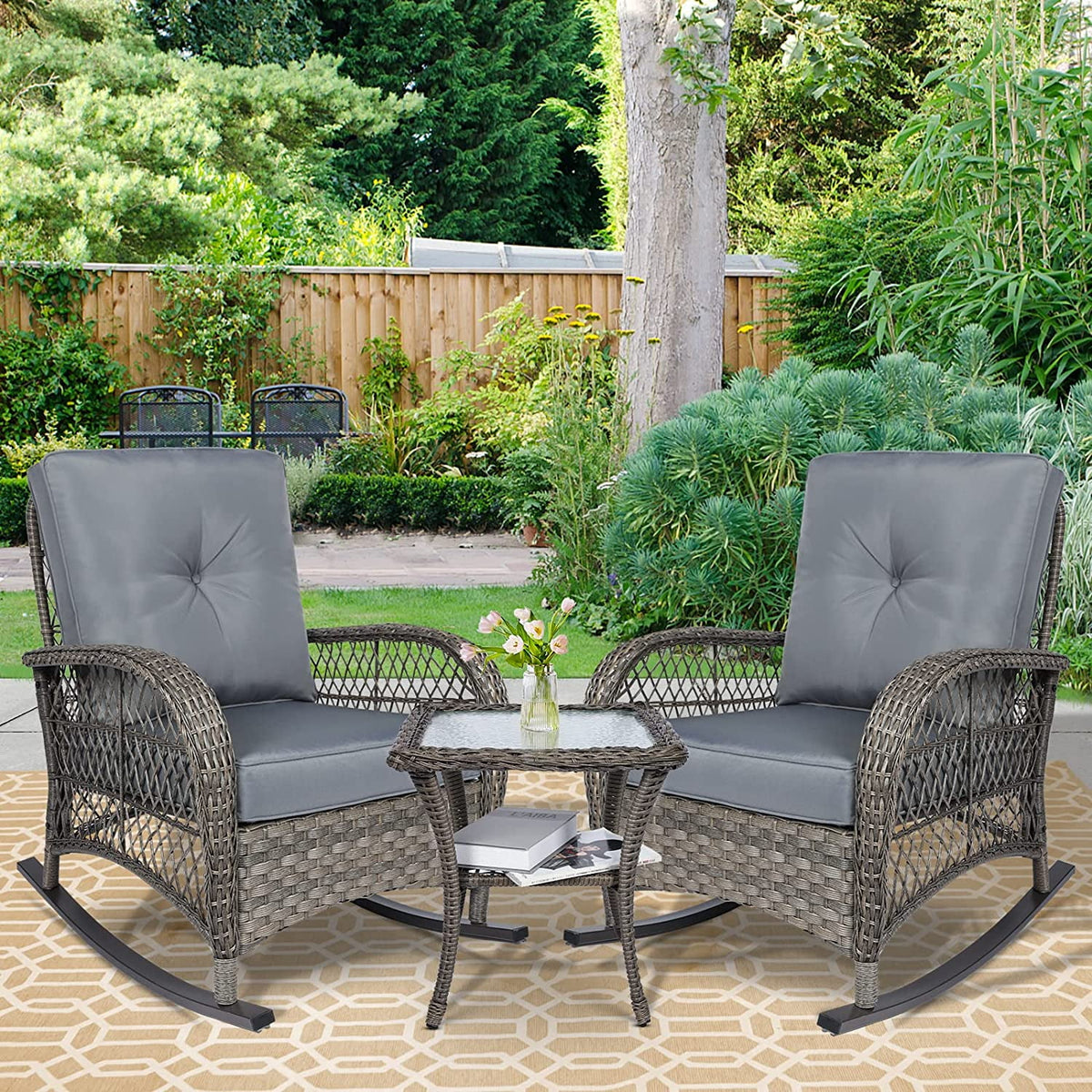 3 Pieces Rattan Patio Rocking Chair Set with Cushions and Glass-Top Coffee Table T14374