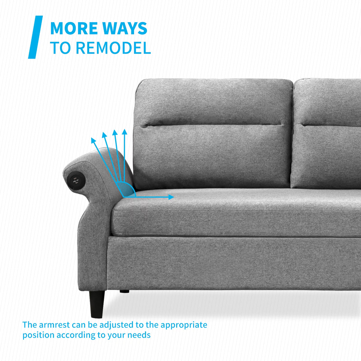 88" Convertible Sectional Sofa Couch with 2 USB Ports, Linen Fabric, Light Grey A96496