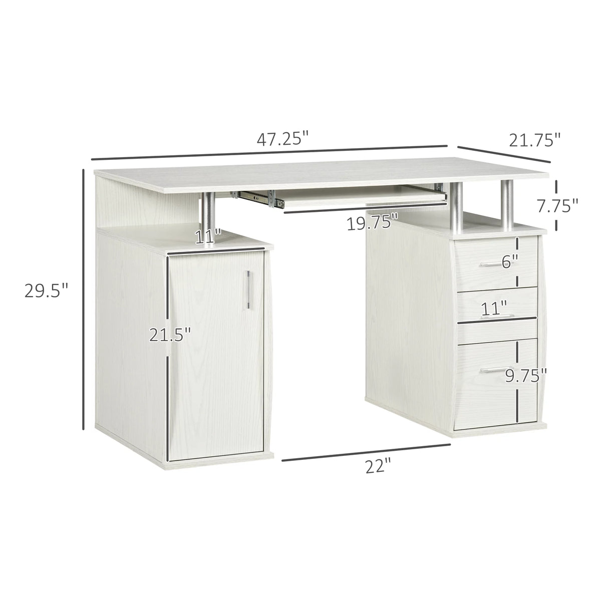 47" White Computer Desk with Keyboard Tray and Storage Drawers S74412