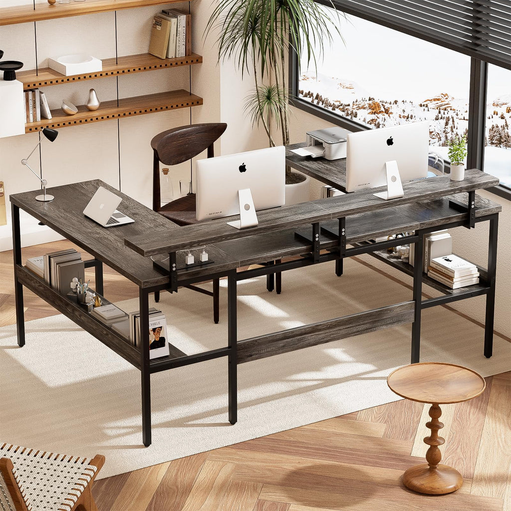 Black Oak U-Shaped Computer Desk with Power Outlets and LED Lights Q4863