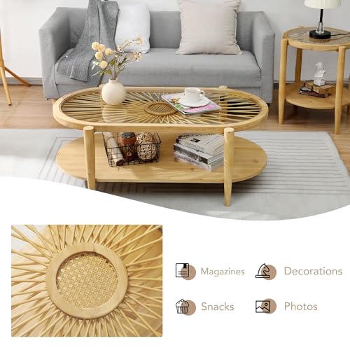 2-Tier Round Rattan Coffee Table with Tempered Glass Top and Wood Legs Y5215