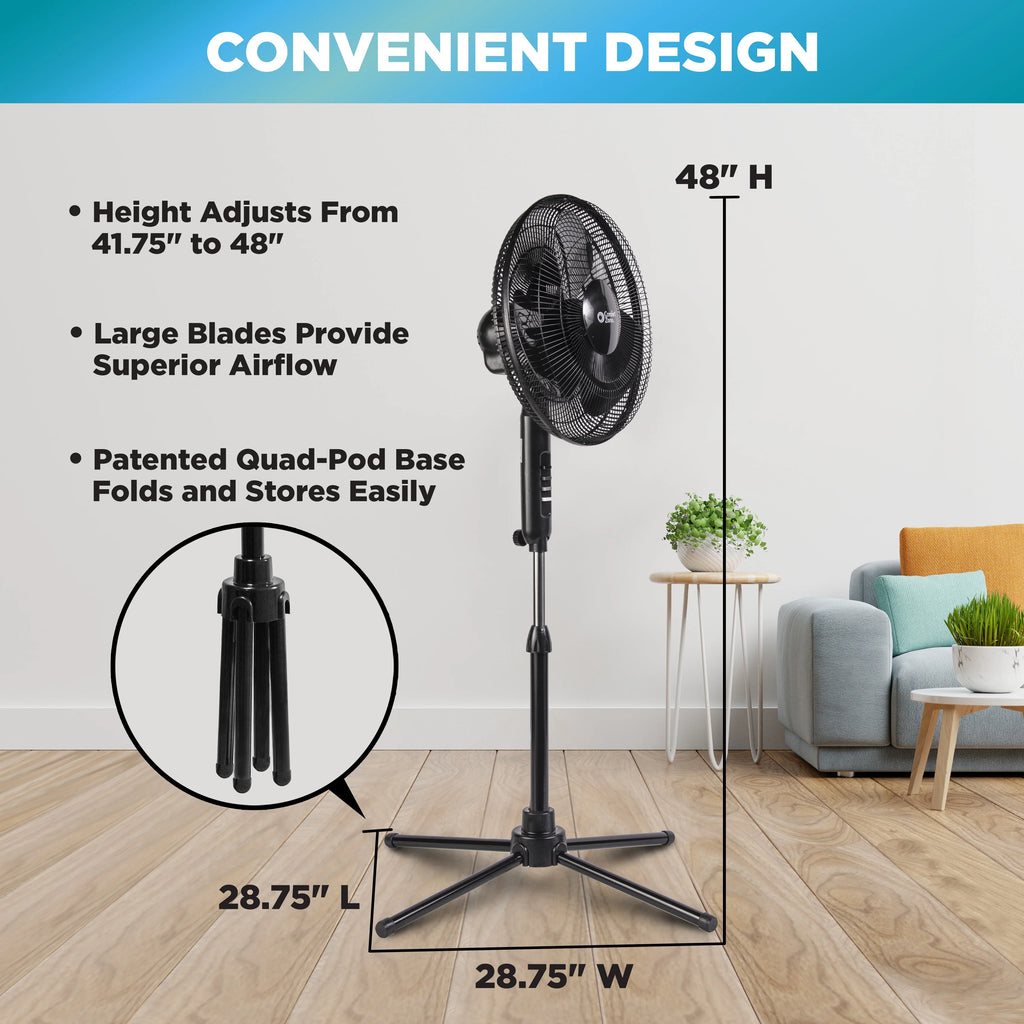 16” Oscillating Pedestal Fan, 3-speed, Adjustable Height and Tilt, Black K884