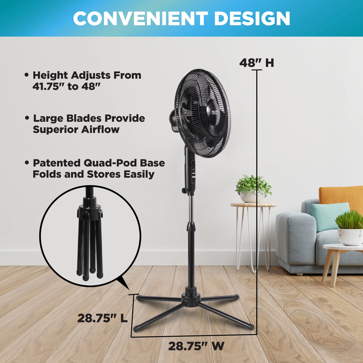 16” Oscillating Pedestal Fan, 3-speed, Adjustable Height and Tilt, Black K884