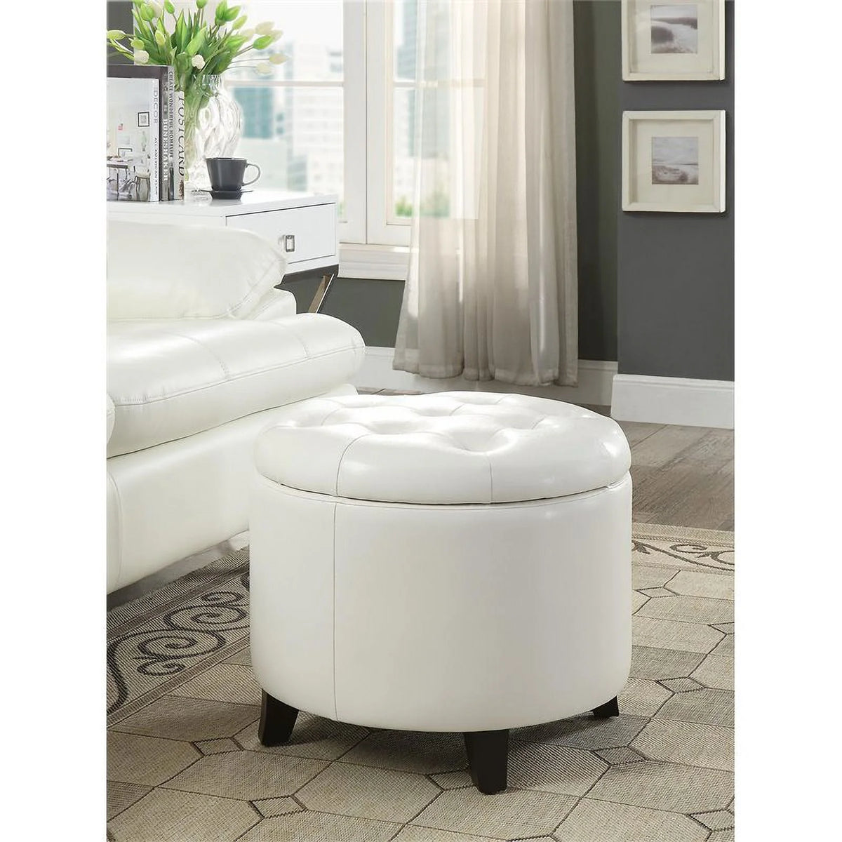 Modern Round Ottoman in Ivory Faux Leather S251