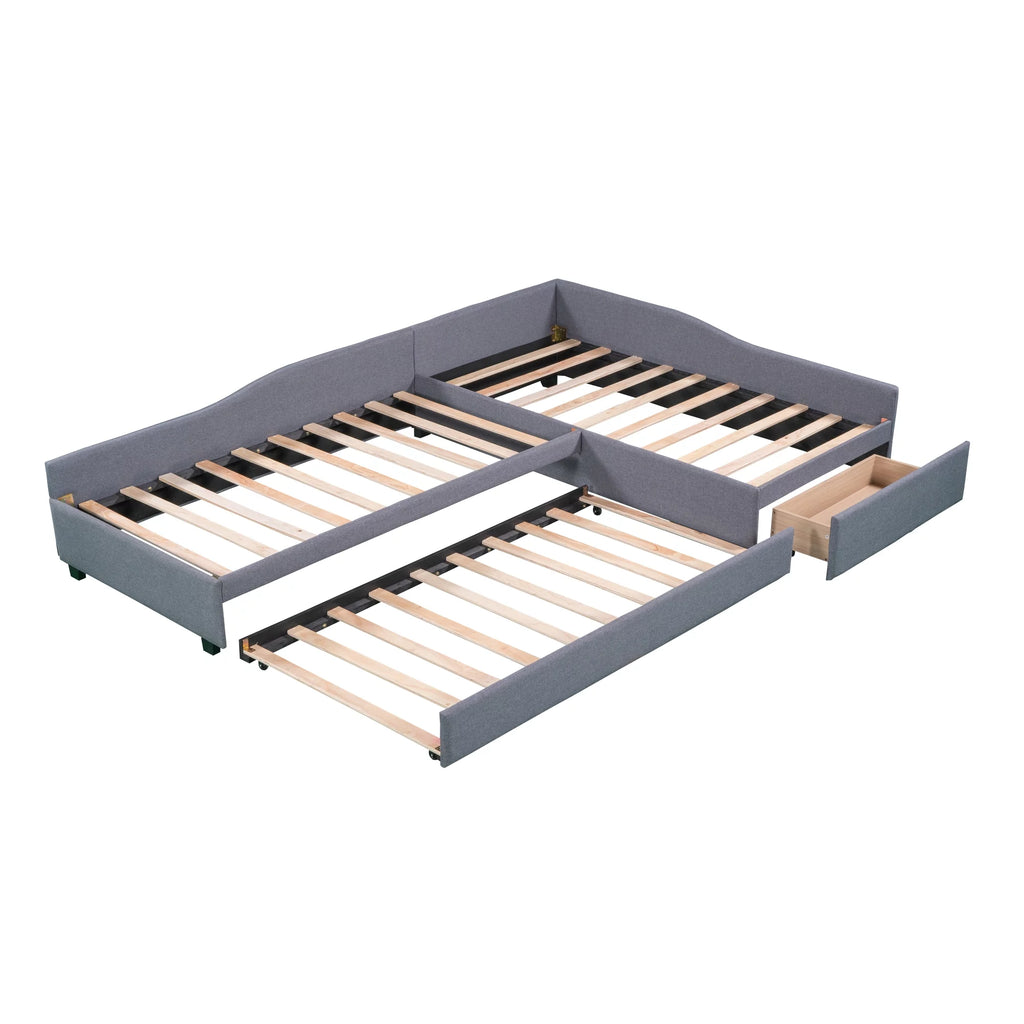 Gray Upholstered Double Twin Size Daybed with Trundle and Drawer K258842
