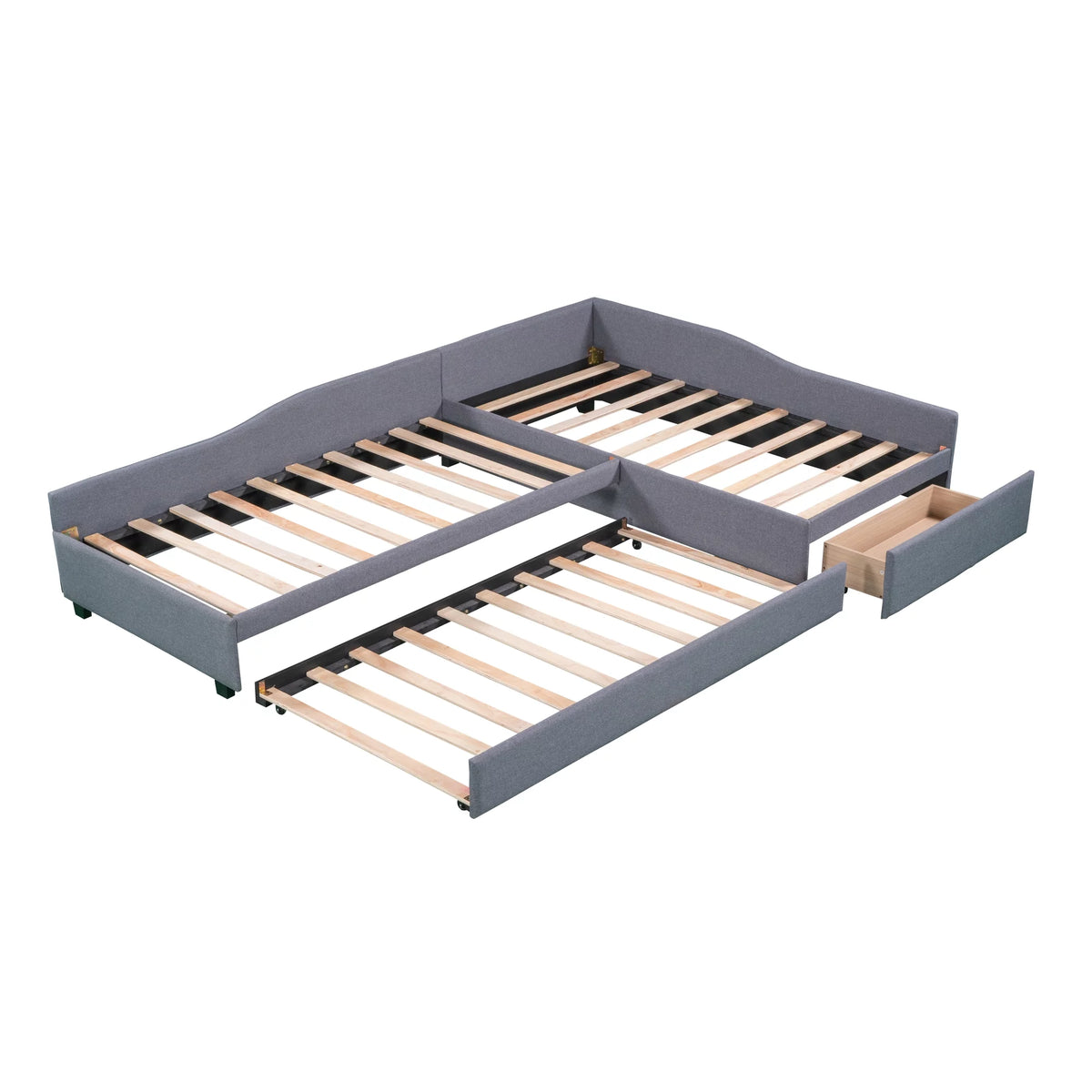 Gray Upholstered Double Twin Size Daybed with Trundle and Drawer K258842