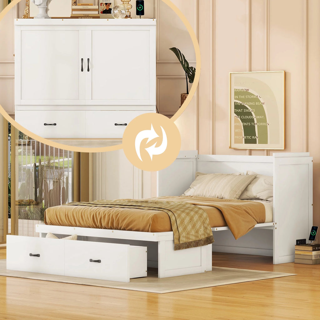 Full Size White Murphy Bed with USB Port and 2 Storage Drawers Z2616