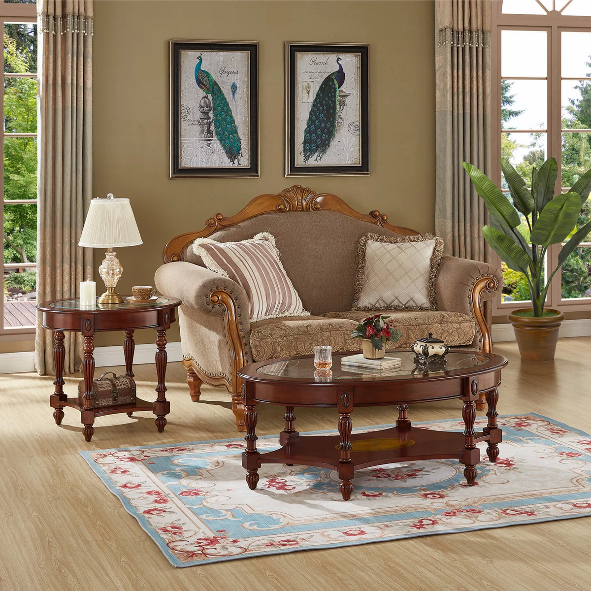 Oval Glass 2-Tier Solid Wood Coffee Table with Storage Shelf D5990