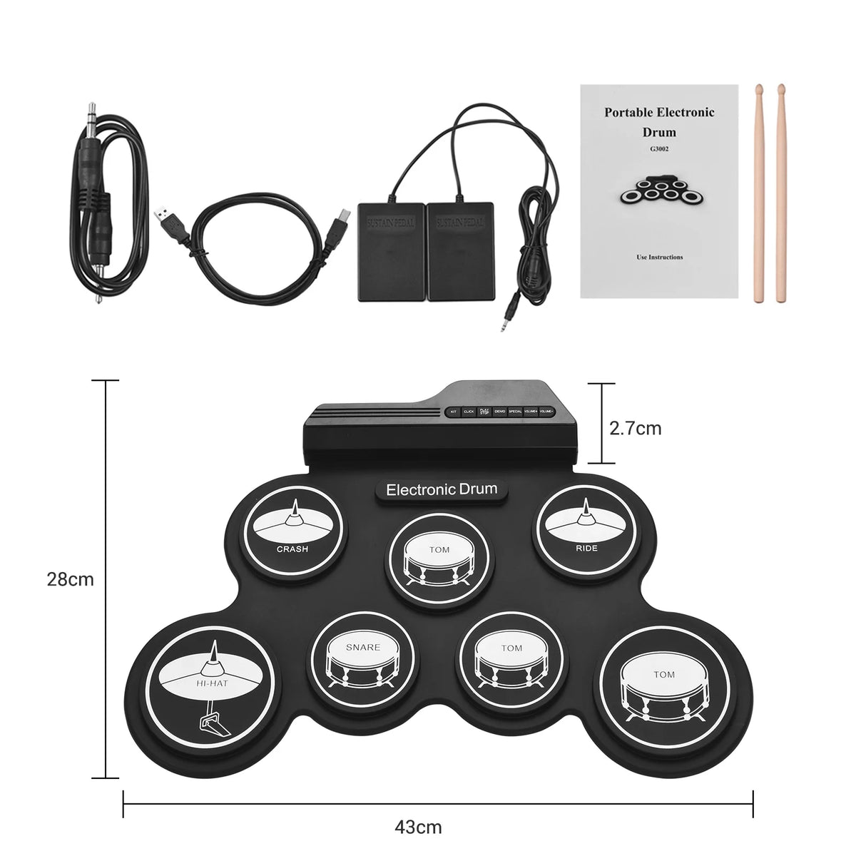 Portable Silicon Drum Set with Drumsticks and Foot Pedals M28745