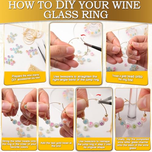 60 Sets DIY Wine Glass Charms with Letter Beads Gold Beads Charm Rings Tweezers Y51192