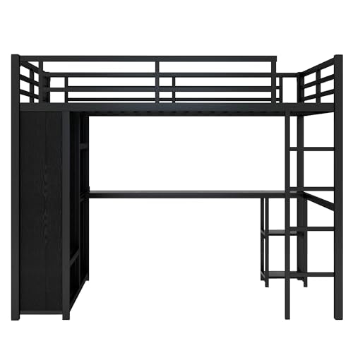 Queen Size Metal Loft Bed with Wardrobe and L-Shaped Desk H5173