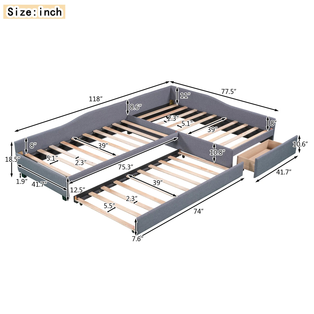 Gray Upholstered Double Twin Size Daybed with Trundle and Drawer K258842