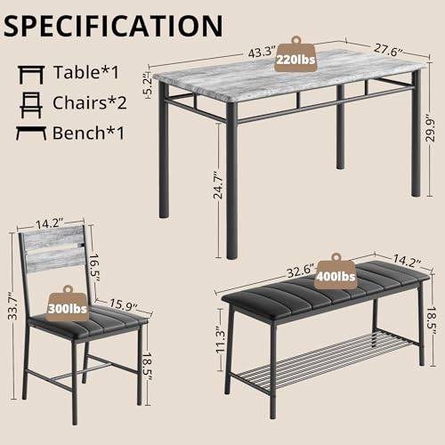 Gray Dining Table Set for 4 with Upholstered Bench and 2 Chairs G417