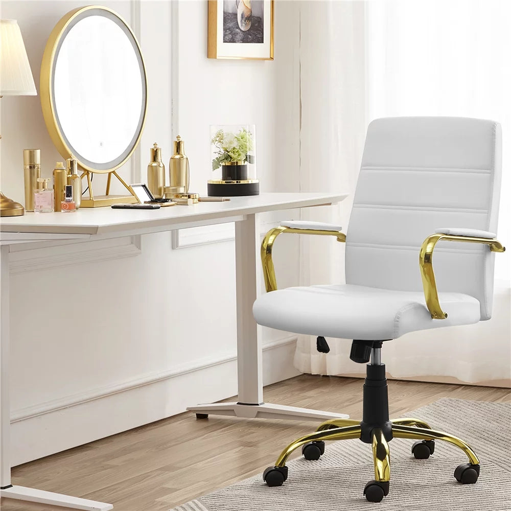 White Mid-Back Swivel PU Leather Office Chair with Gold Frame X20811