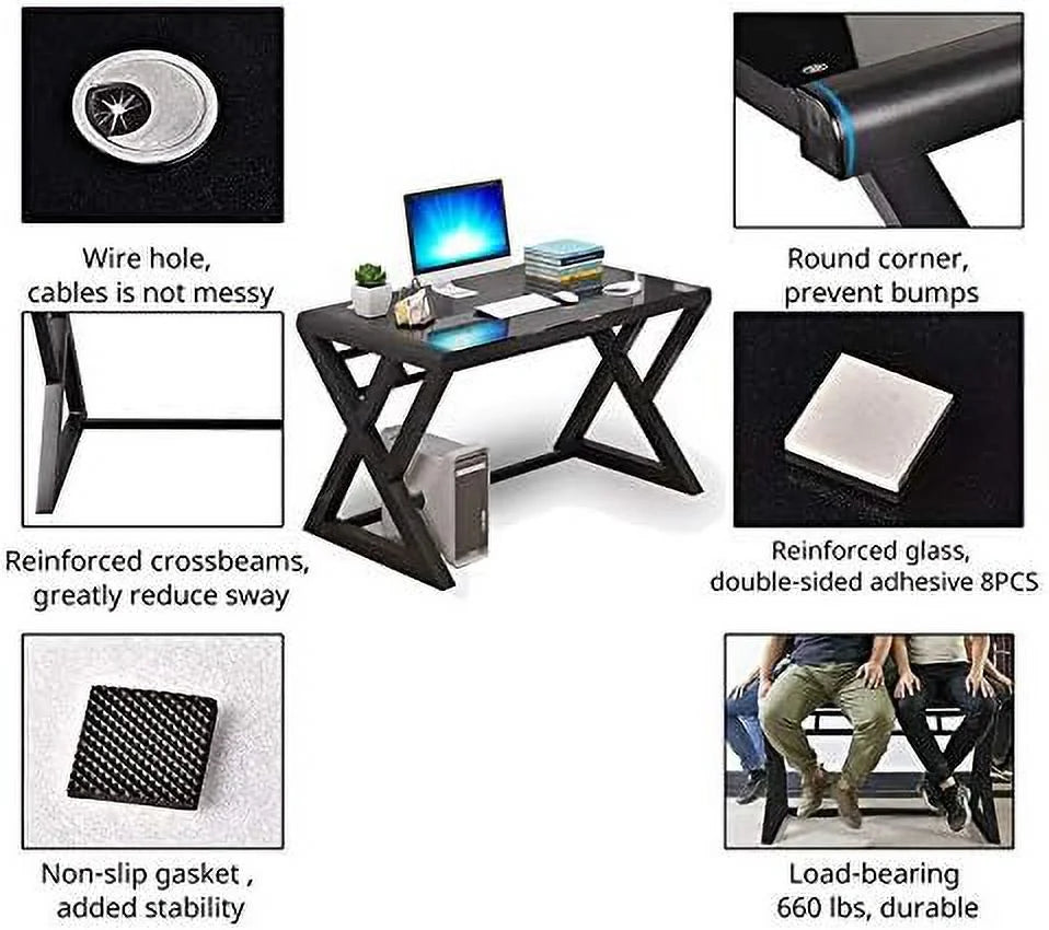 Home Office Desk and Chair Set Breathable Mesh Computer Chair Glass Top Desk Metal Frame O78234