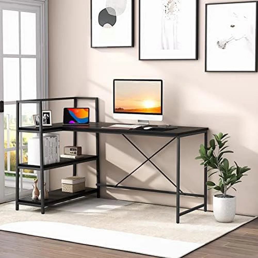 Reversible L-Shaped Corner Desk with 3-Tier Shelves I611602