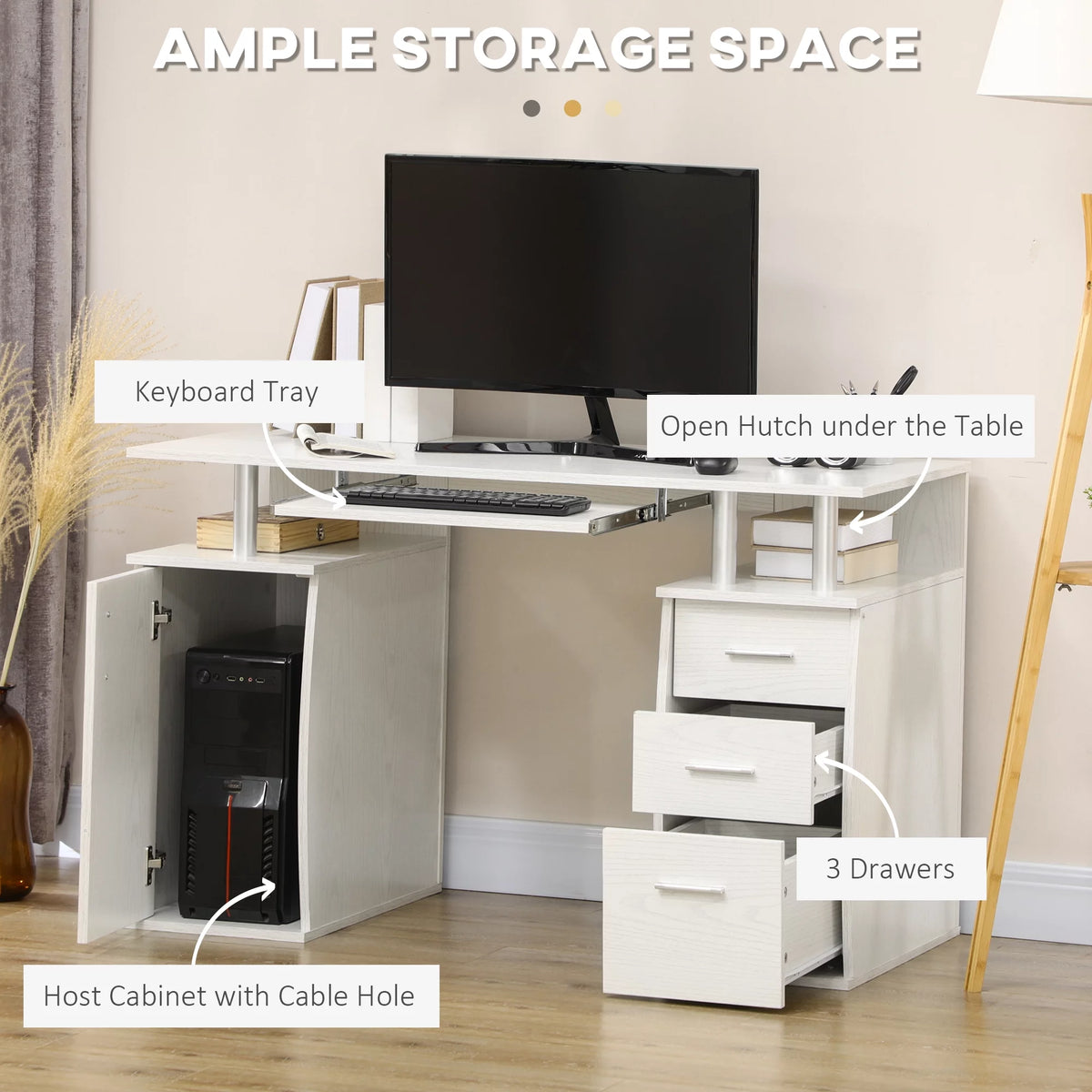 47" White Computer Desk with Keyboard Tray and Storage Drawers S74412